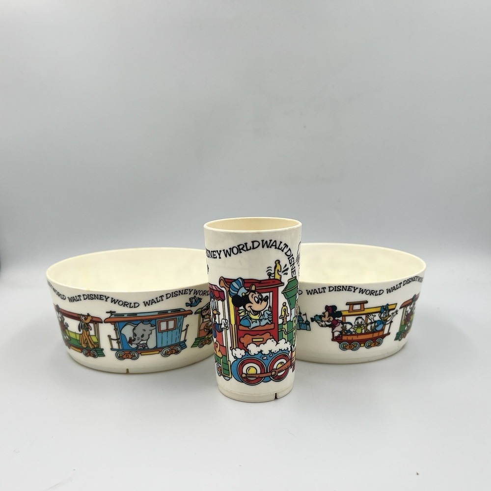 Vintage 70s 80s Deka Plastic Walt Disney World 2 Bowls 1 Cup Set Mickey Minnie